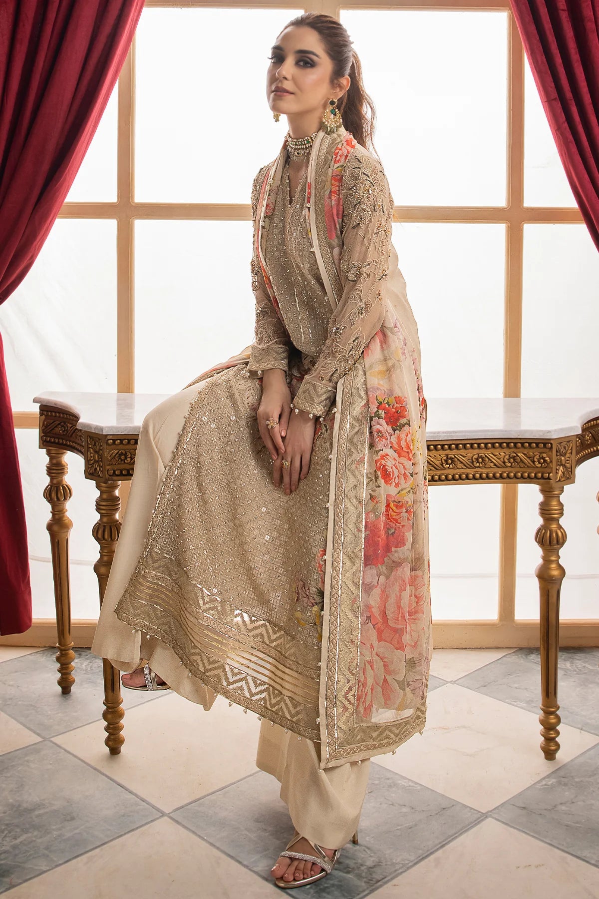 Pakistani Suits 3-Pc Unstitched Premium Luxury Handwork Chiffon with Premium Embroidered Dupatta DJW4-05 Al Libaas