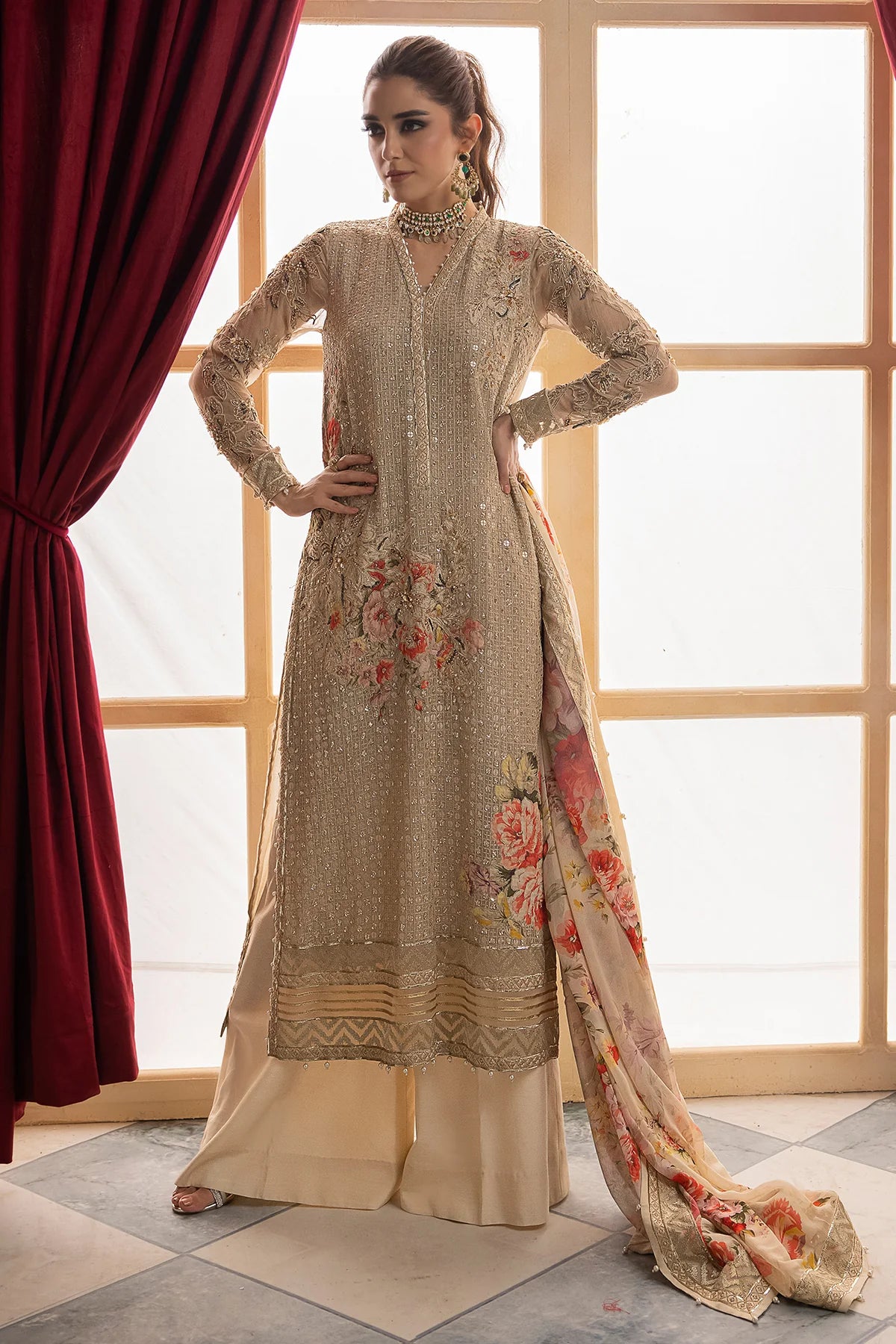 Pakistani Suits 3-Pc Unstitched Premium Luxury Handwork Chiffon with Premium Embroidered Dupatta DJW4-05 Al Libaas