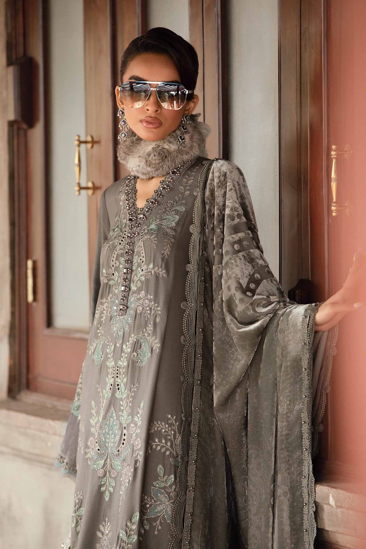 Pakistani Suits 3 Piece Unstitched Embroidered Velvet Suit | DL-1209 Al Libaas