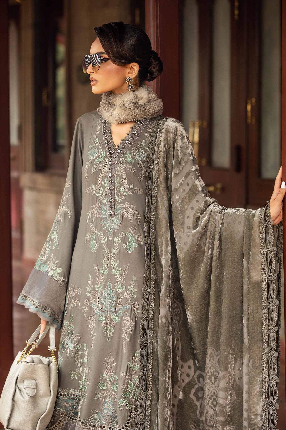 Pakistani Suits 3 Piece Unstitched Embroidered Velvet Suit | DL-1209 Al Libaas